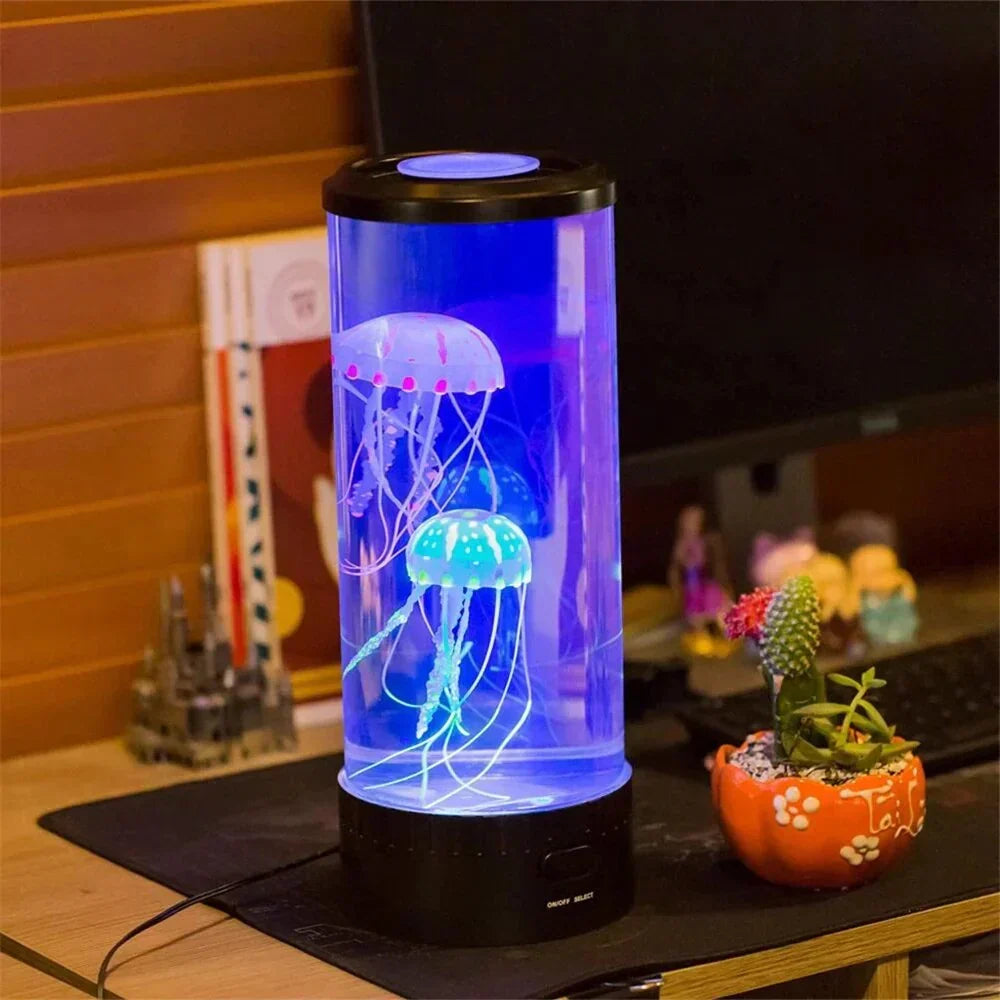 LED jellyfish lava lamp illuminating a cozy desk setup with plants