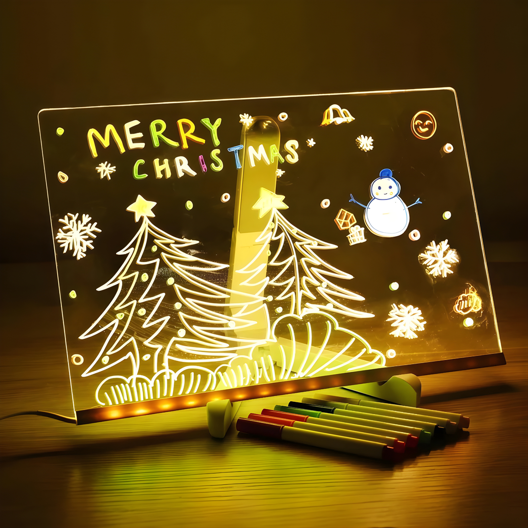 Merry Christmas artwork displayed on the glowing acrylic LED light panel board