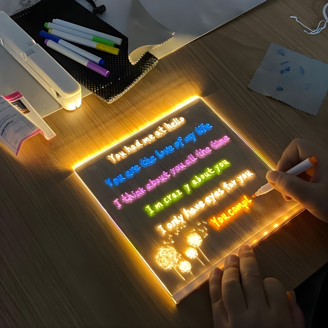 Writing inspirational quotes on the USB powered LED light panel on a wooden desk