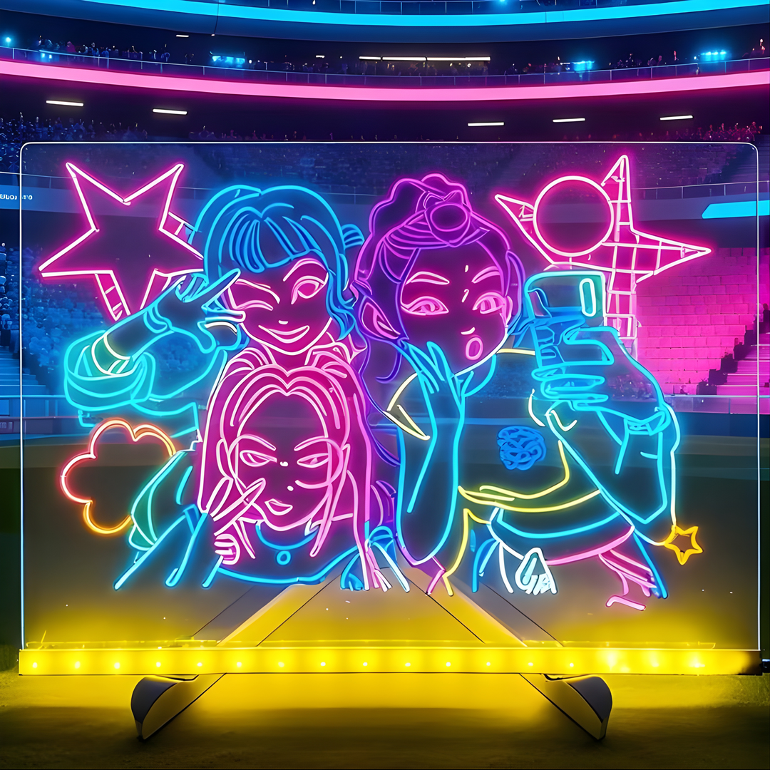 Child writing a glowing message on the neon drawing board with a marker pen