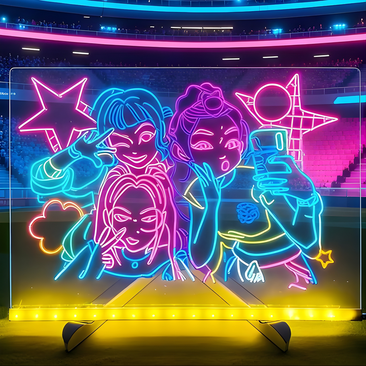 Child writing a glowing message on the neon drawing board with a marker pen