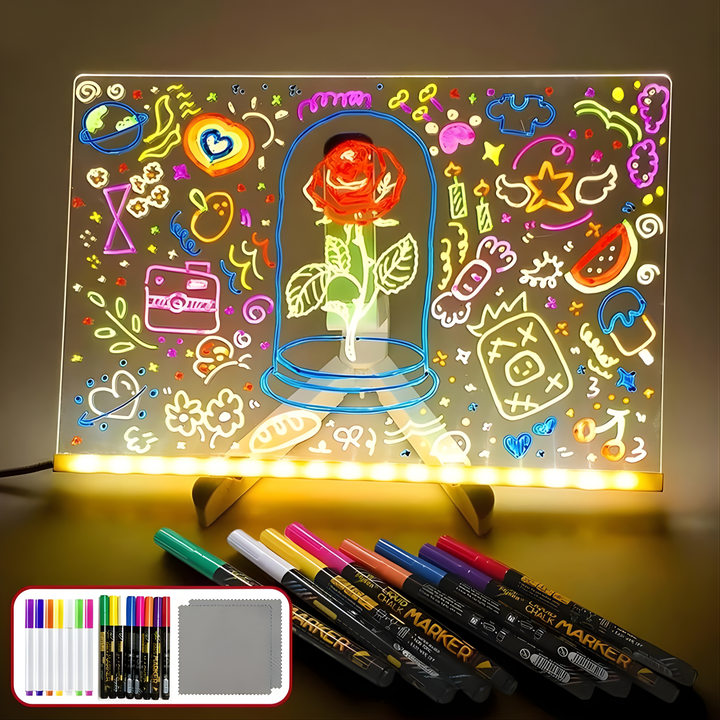 USB powered acrylic message board glowing brightly in a dark room setting