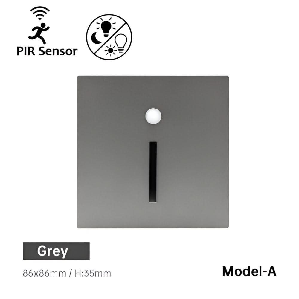 Grey Model-A LED stair light showing dimensions and PIR sensor icon