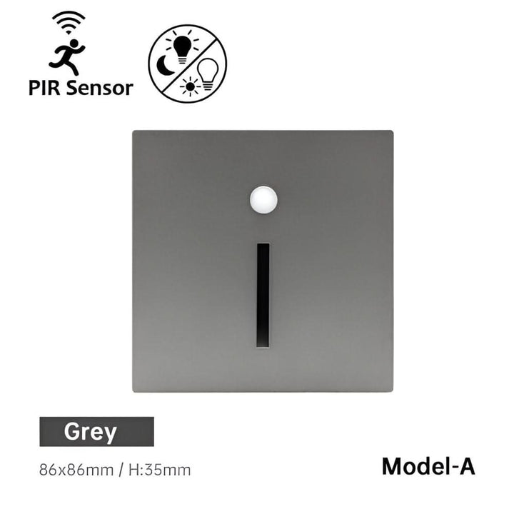 Grey Model-A LED stair light showing dimensions and PIR sensor icon