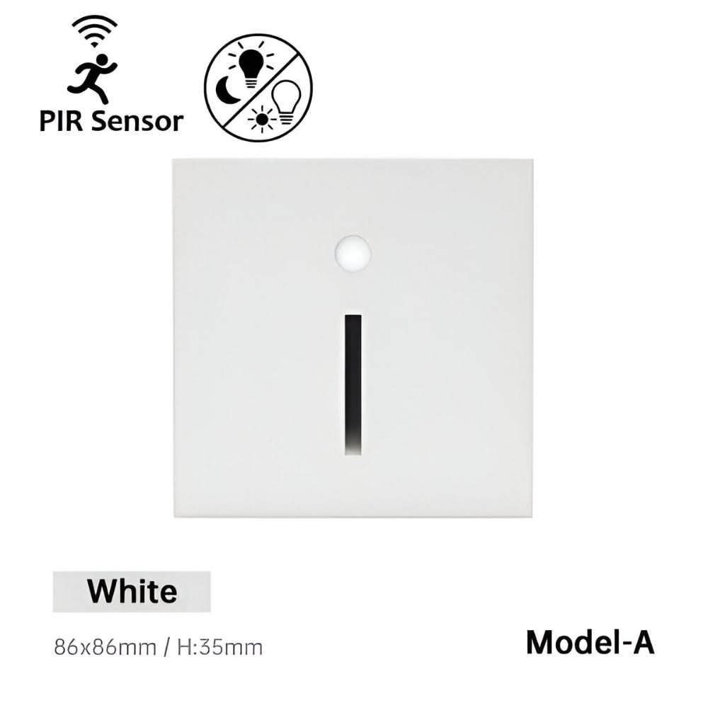 White Model-A LED stair light showing dimensions and motion detection symbol