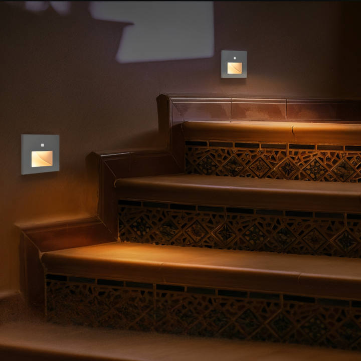 Angle view of motion-activated indoor lighting fixture for stairs and pathways