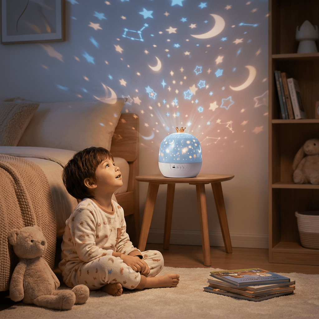 A child looking up at a starry night sky projection from a crown-topped dome lamp on a bedside table.