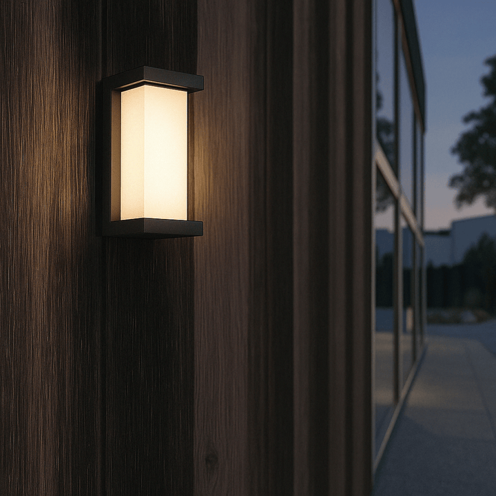 Sleek vertical black LED outdoor wall sconce beside glass window at dusk