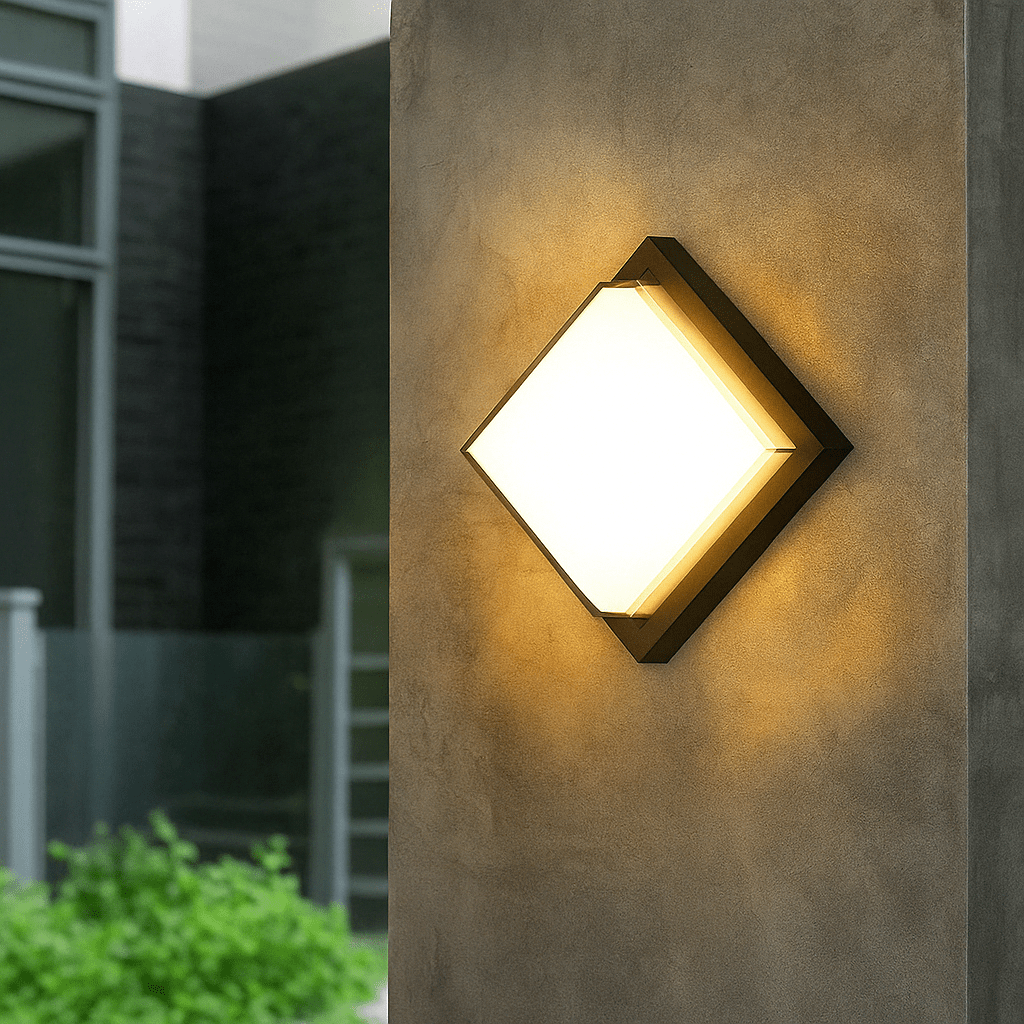 Close-up of the motion sensor feature on the sleek exterior wall sconce lamp