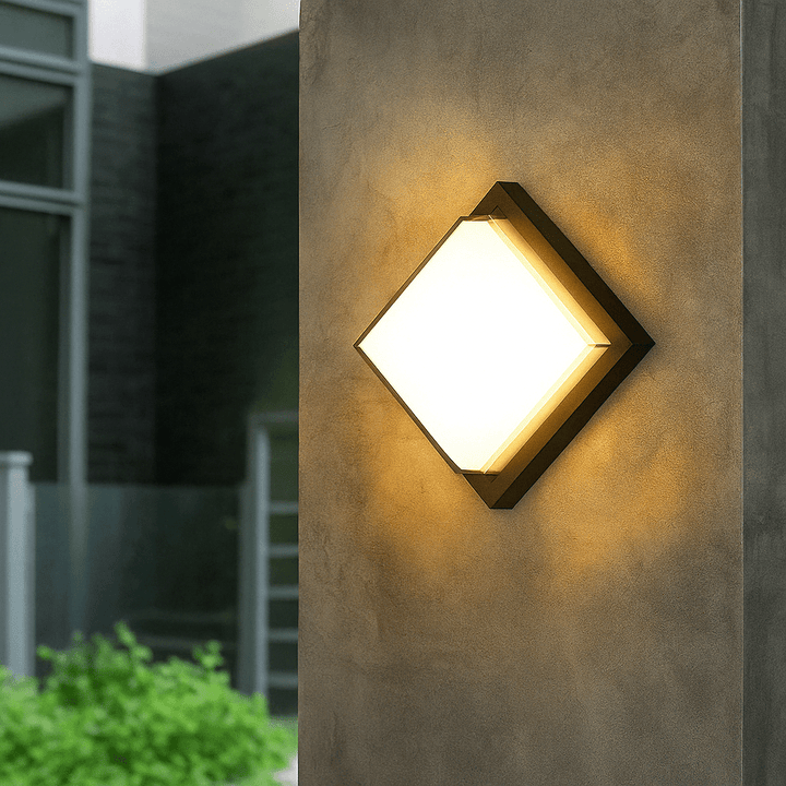 Close-up of the motion sensor feature on the sleek exterior wall sconce lamp