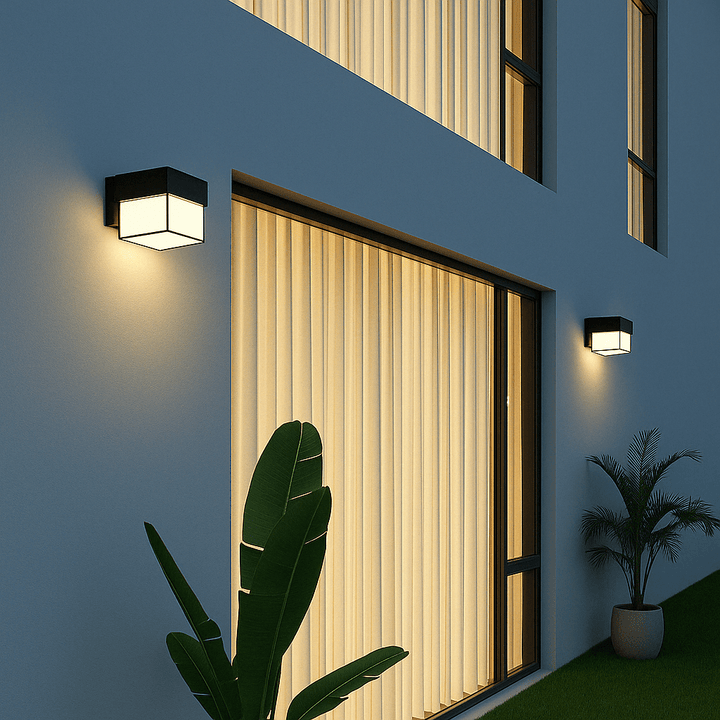 Modern outdoor wall lamp casting warm light downward for garden security