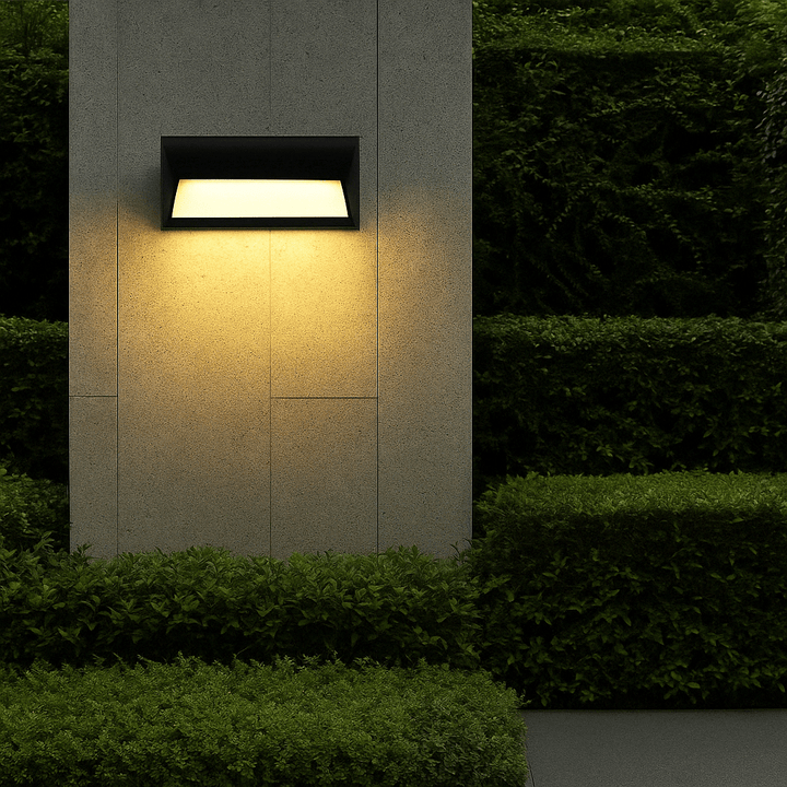 Side profile of the contemporary LED porch light mounted on a house exterior