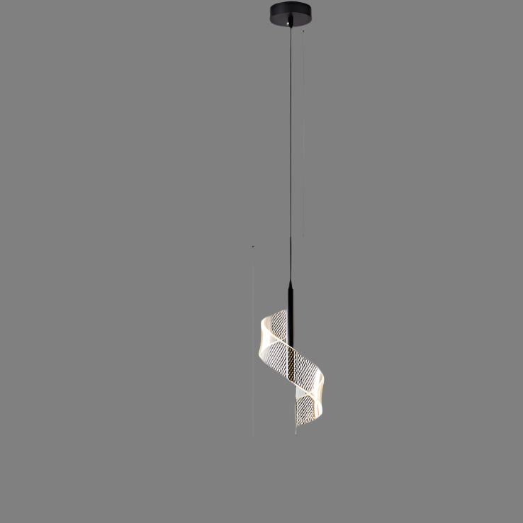 Modern black LED pendant light hanging against a neutral gray background