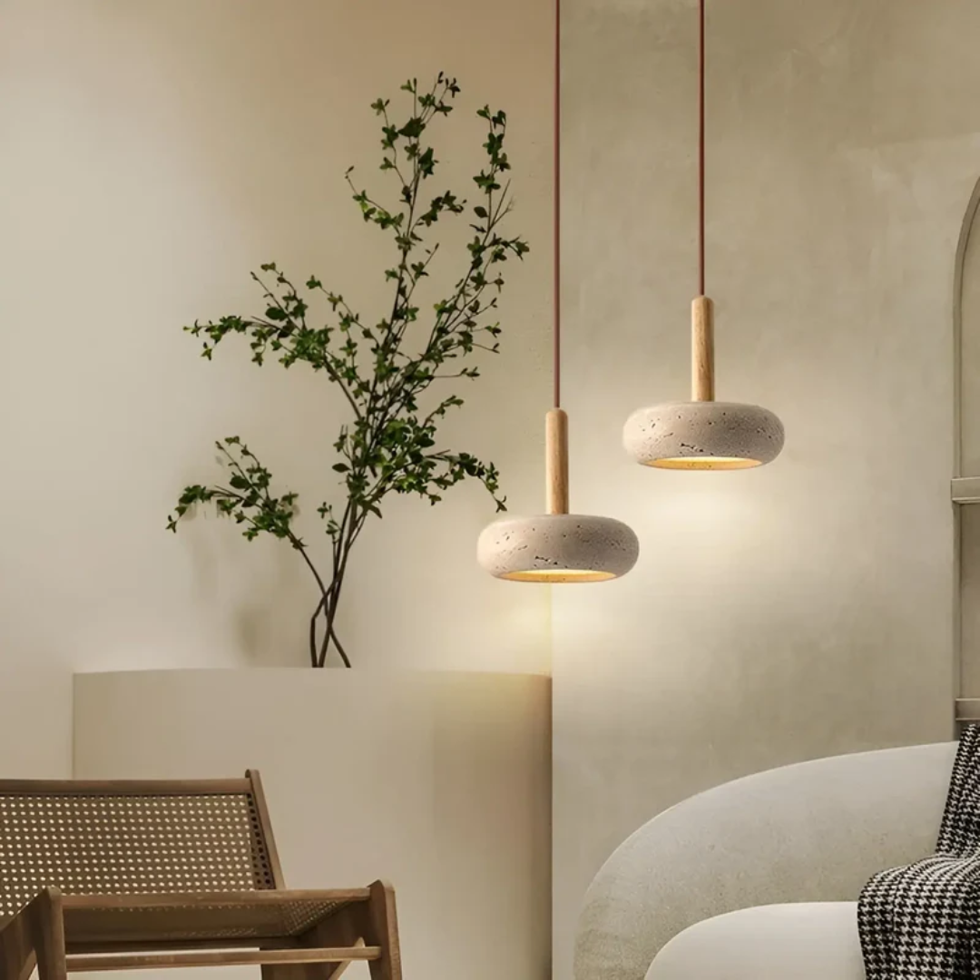 Close up of the wooden pendant light fixture showing clean lines and natural texture