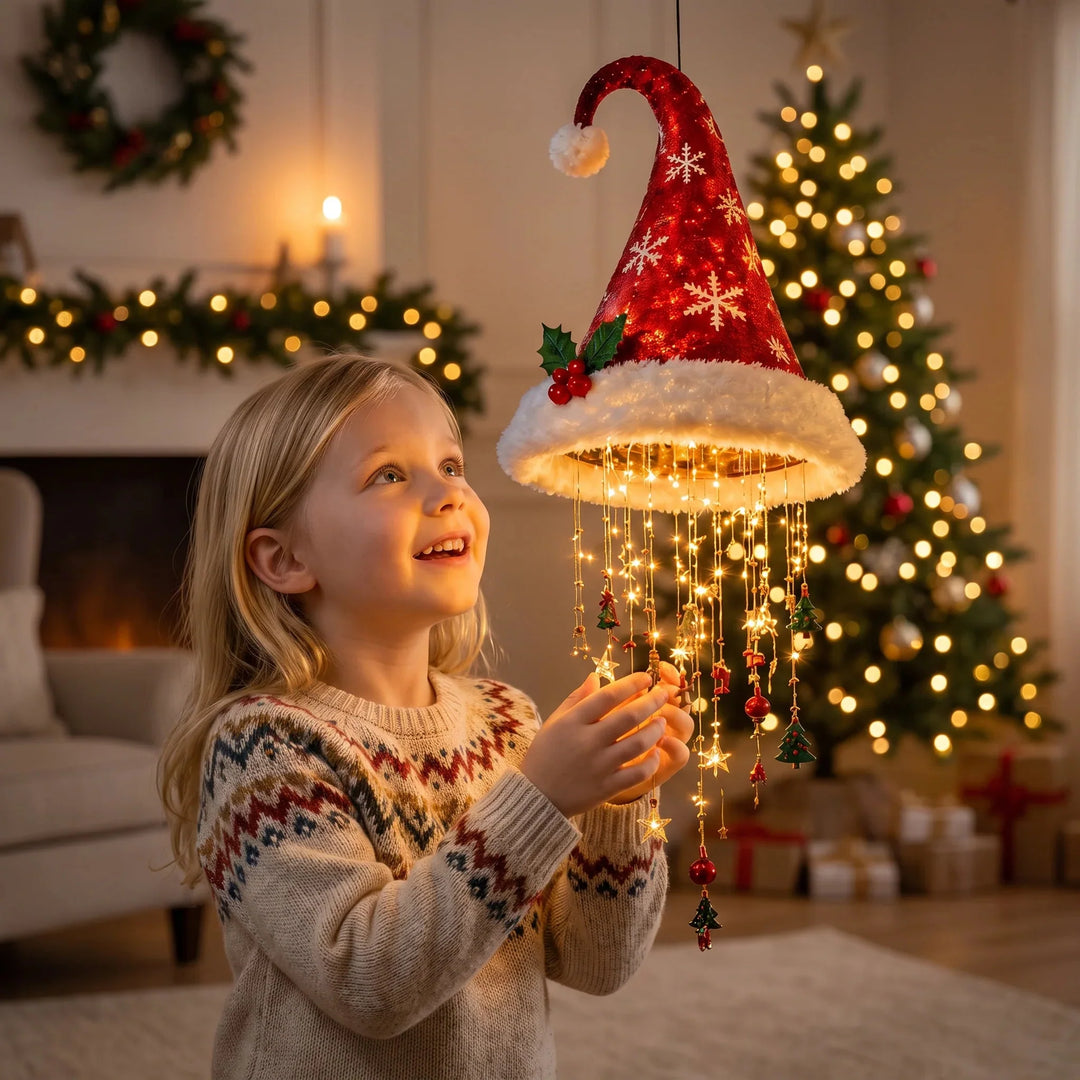 Young girl admiring a hanging LED Santa hat with glowing string lights in a festive living room