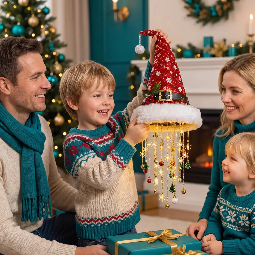 Family holding a decorative Christmas LED Santa hat with hanging lights near a tree
