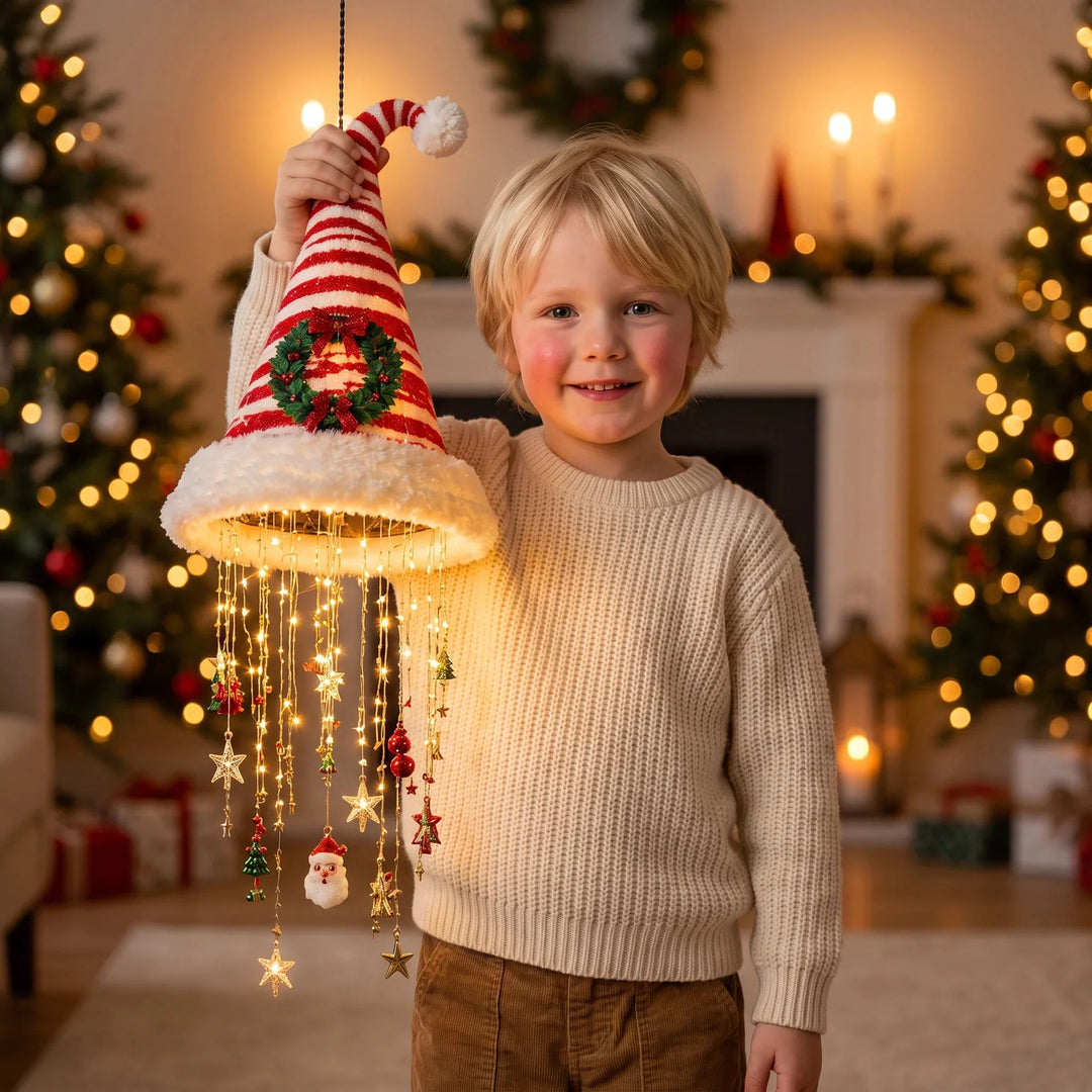 Red and white holiday party hat featuring integrated LED string lights