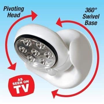 Graphic showing pivoting head and 360-degree swivel base features