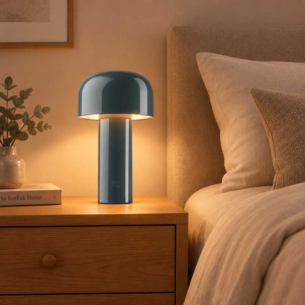 Modern dimmable LED table lamp in grey placed on a bedside wooden nightstand