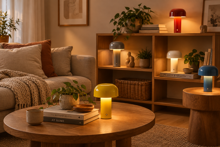Solvani cordless LED table lamps in various colors displayed in a cozy living room setup.