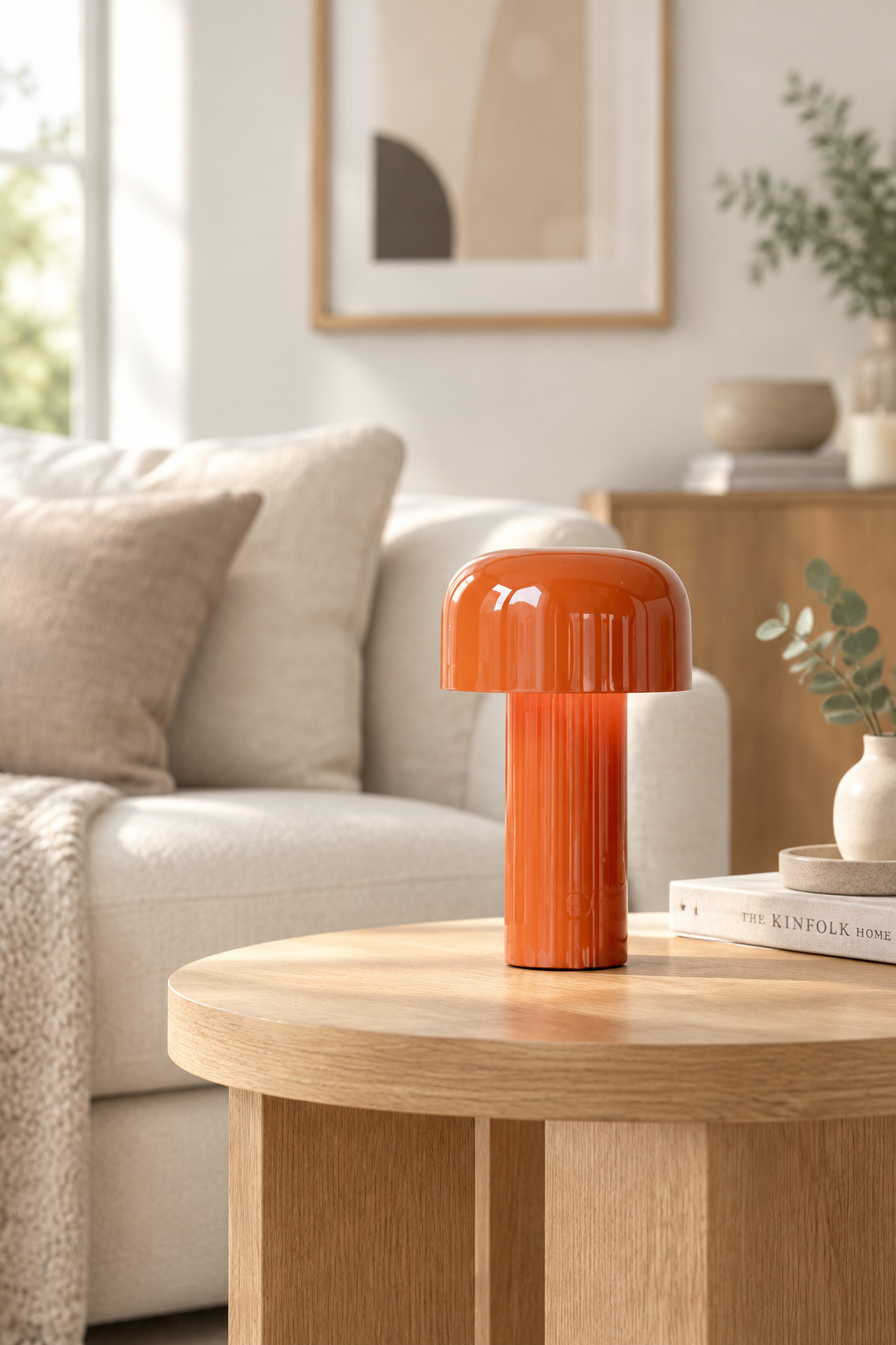 Orange rechargeable LED mushroom table lamp resting on a wooden coffee table in a modern living room setting
