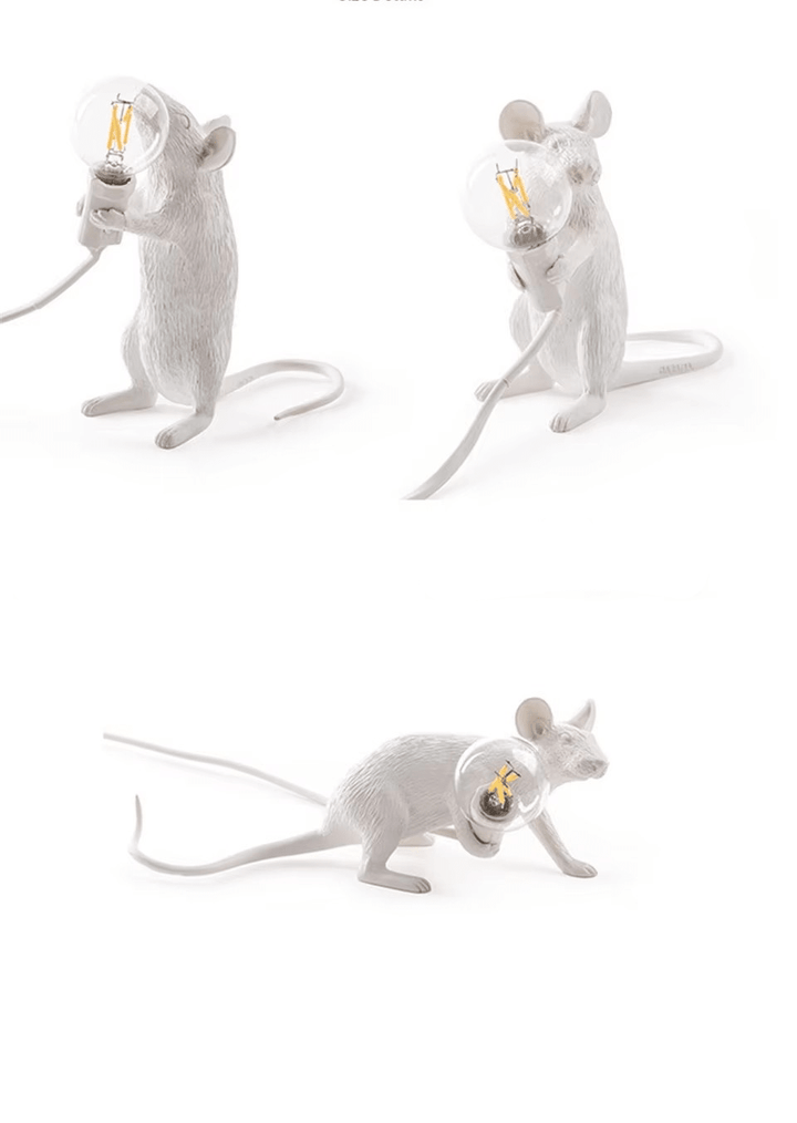 Modern mouse shaped nightstand lamp displaying its warm LED bulb feature