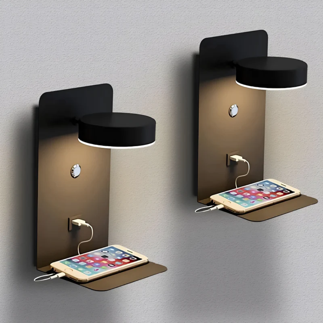 Modern LED wall lamp with USB charging port showing the convenient bedside shelf