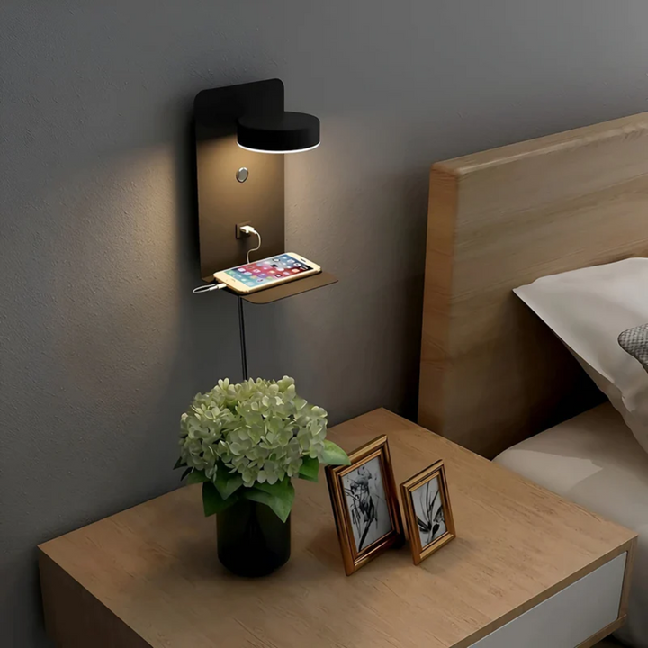 Minimalist bedside light casting a warm glow in a modern bedroom interior
