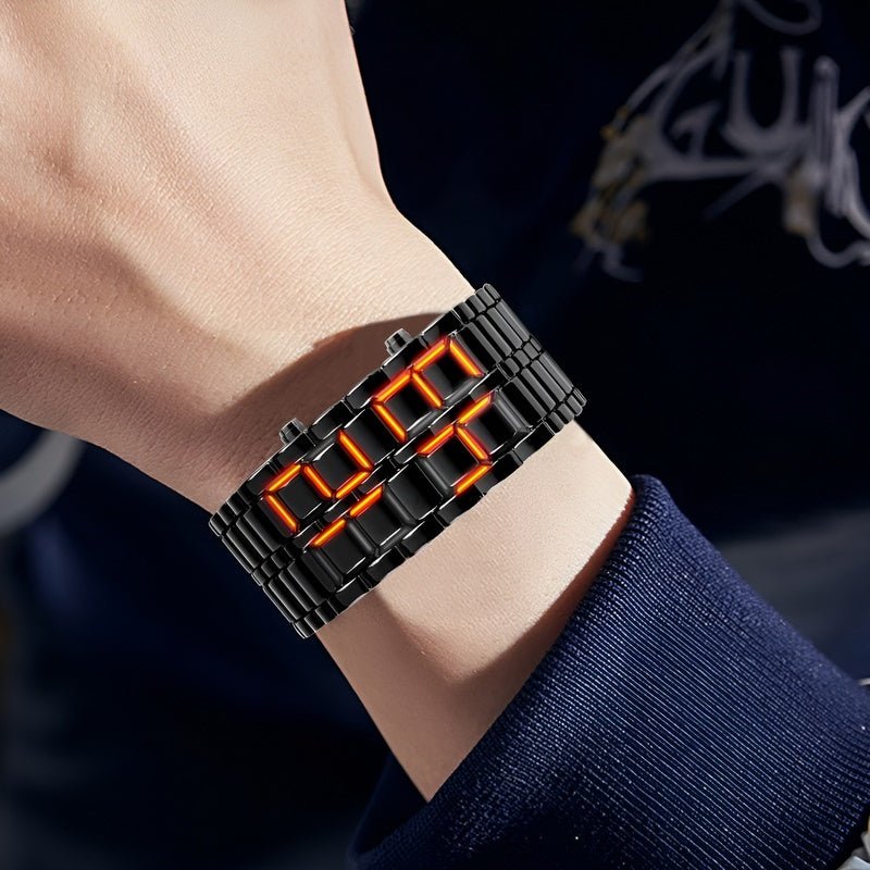 Close-up of a person wearing a black LED digital wrist watch with glowing red numbers