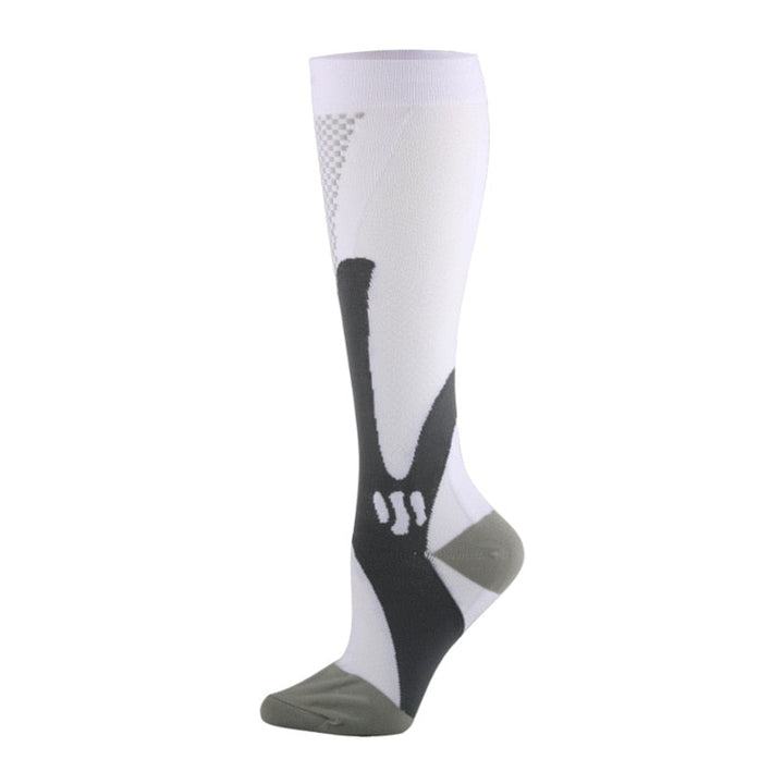 Back view of active wear compression socks highlighting vertical ribbing pattern.