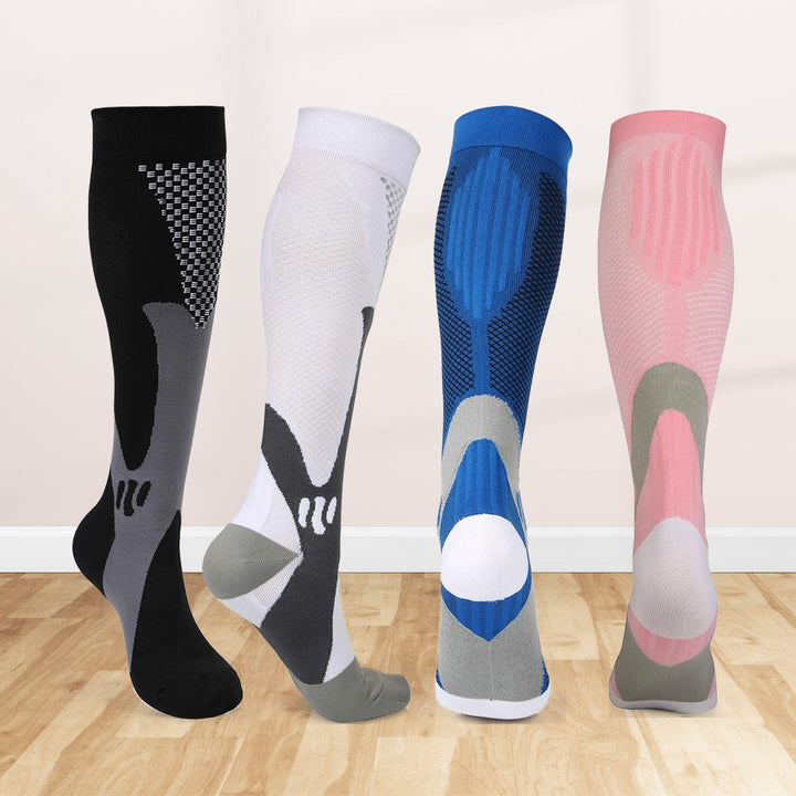 Athletic compression socks stretched to highlight elasticity and moisture-wicking material.