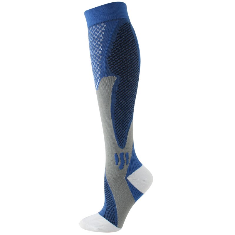 Graduated compression socks displayed on a mannequin leg showing proper fit.