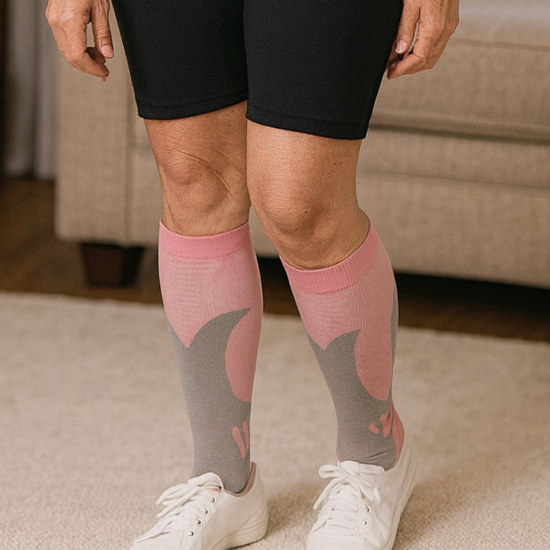 Pair of active wear support socks featuring ribbed design for enhanced calf support.