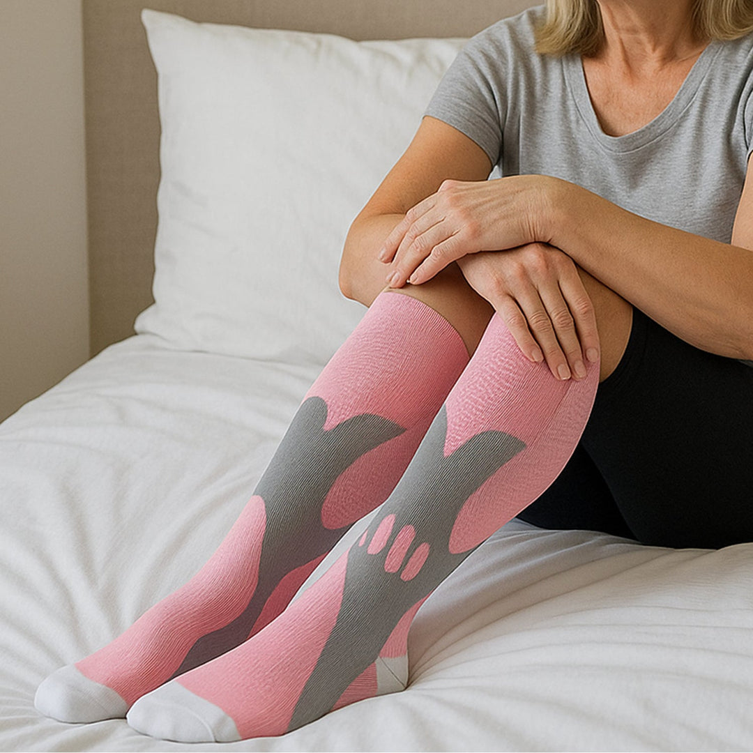 Close-up view of breathable compression socks fabric showing stretch and durability.