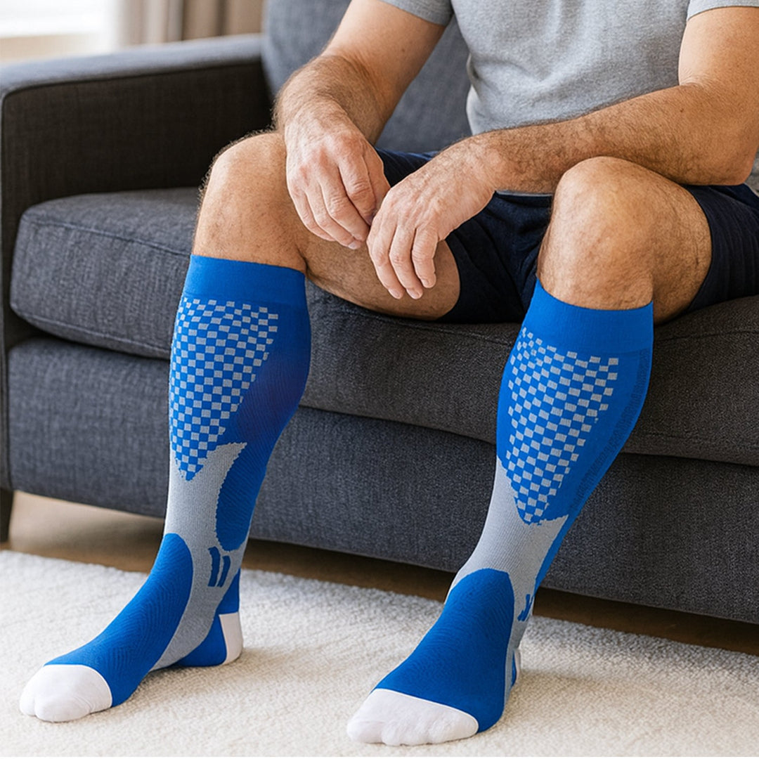 Side profile of fitness compression socks demonstrating fitted arch and heel design.