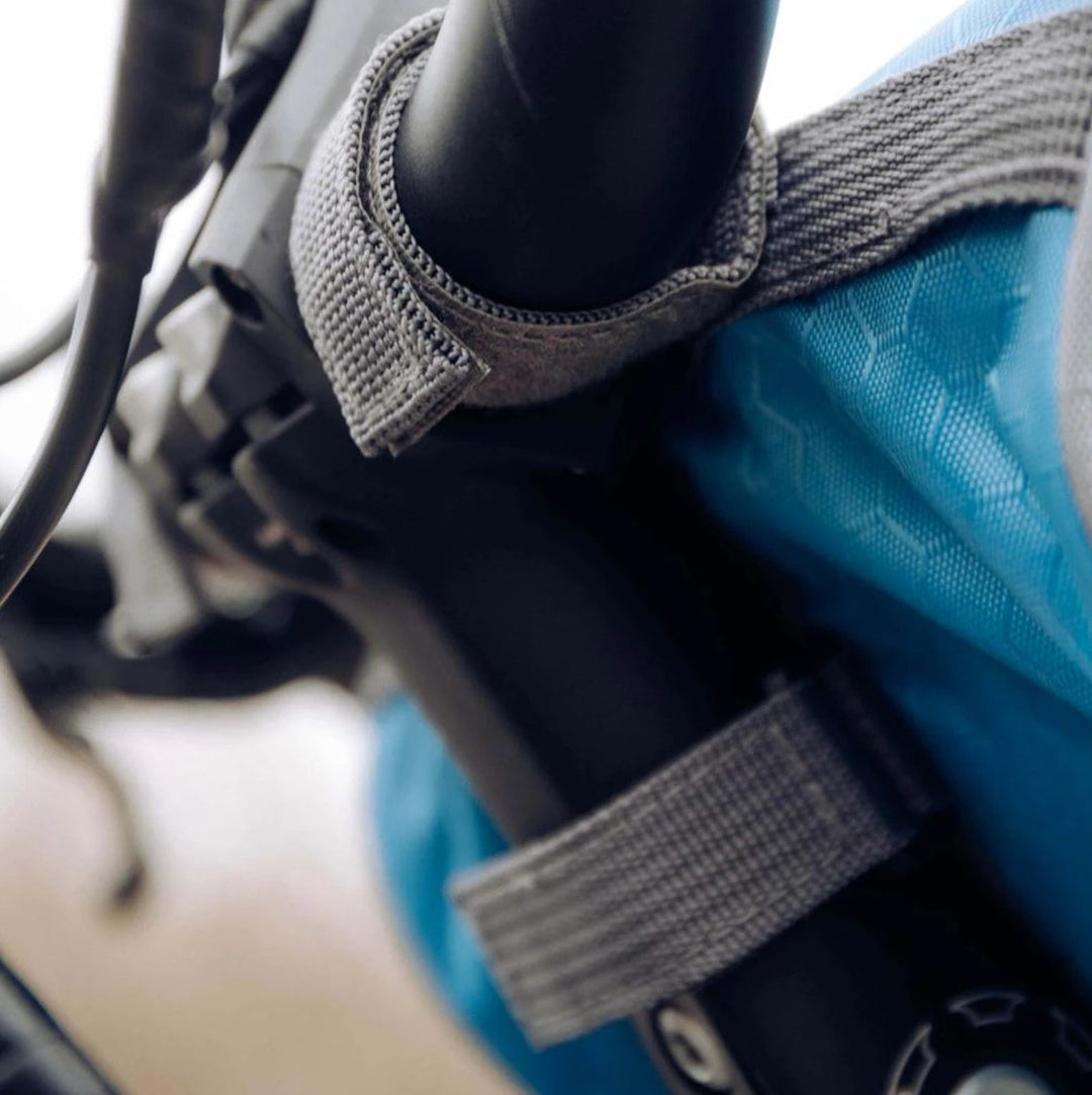 Close-up of waterproof zipper and durable fabric on cycling handlebar bag