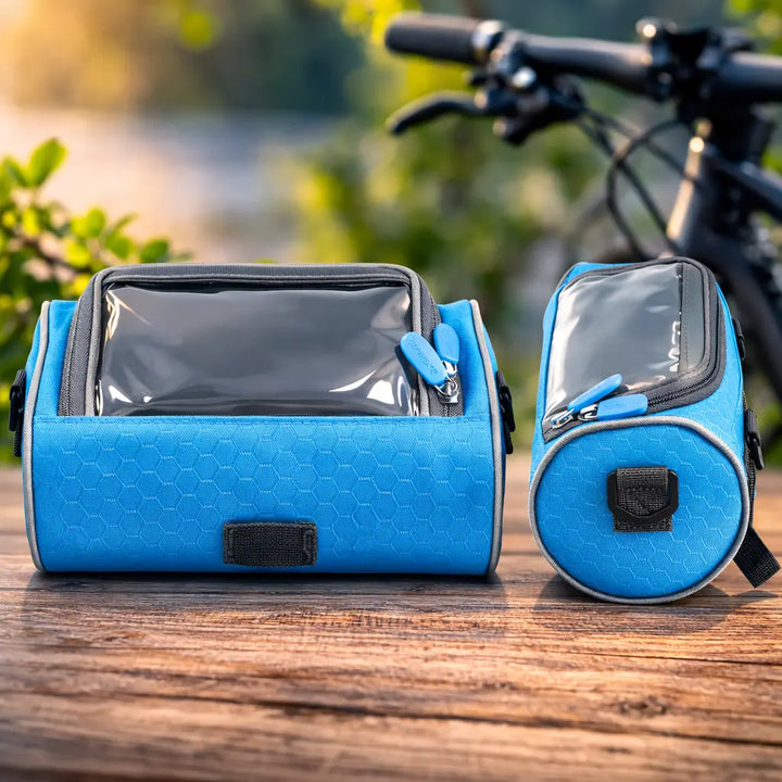 Compact bicycle storage pouch mounted on road bike handlebars