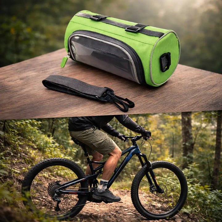 Waterproof bike pouch with clear touchscreen phone holder in action