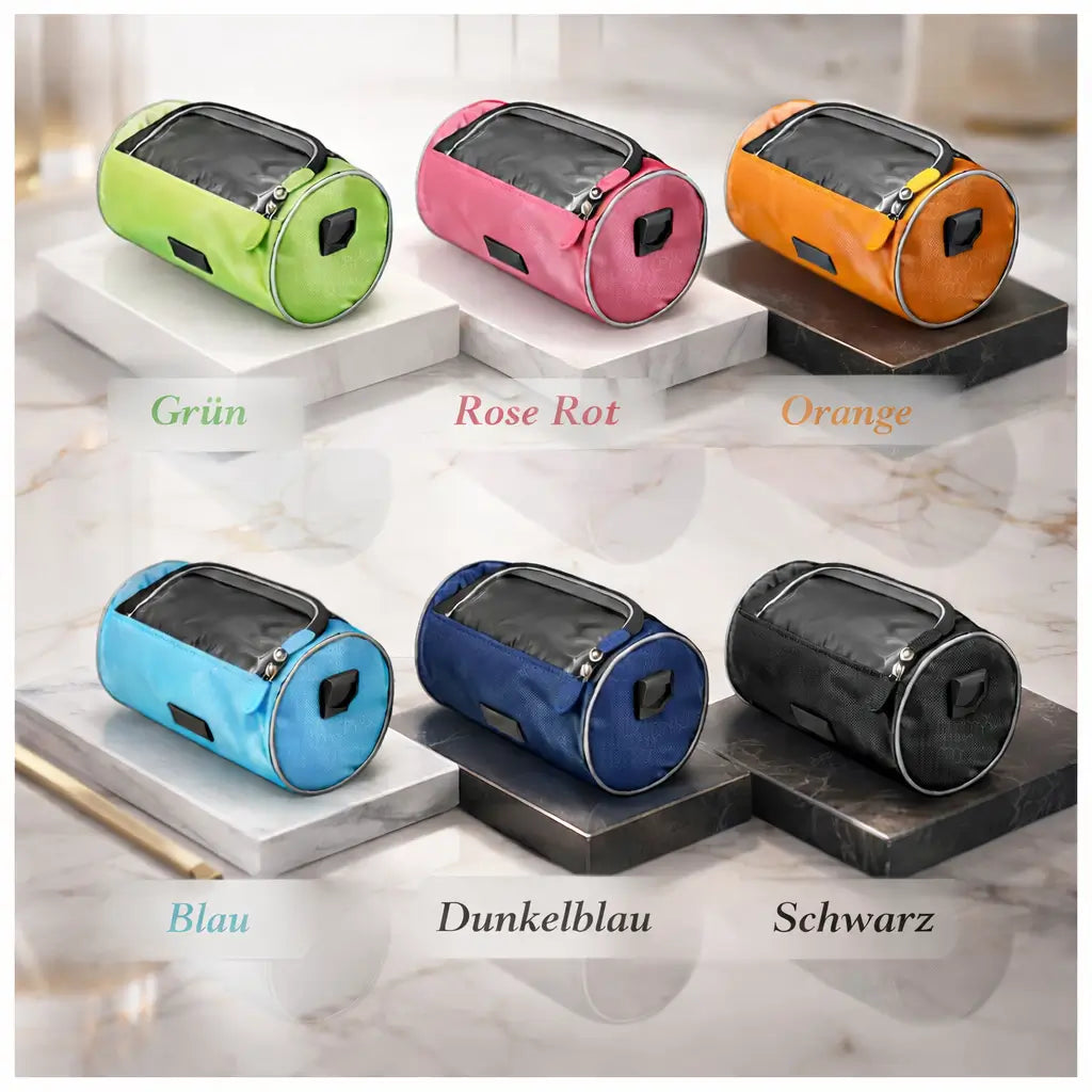 Waterproof handlebar bike bag mounted securely on bicycle handlebars for easy access