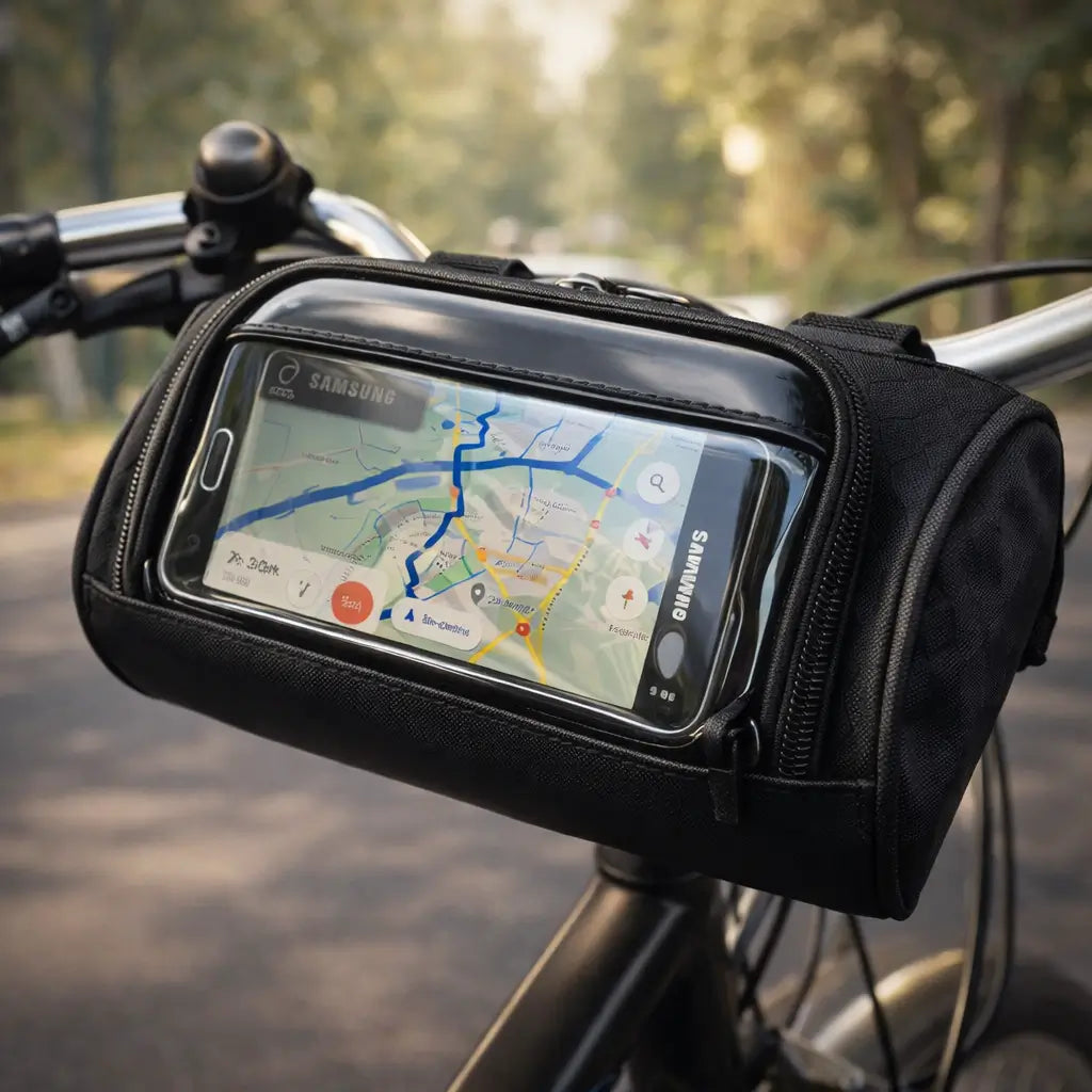 Waterproof handlebar bike bag mounted on bicycle with touchscreen phone display