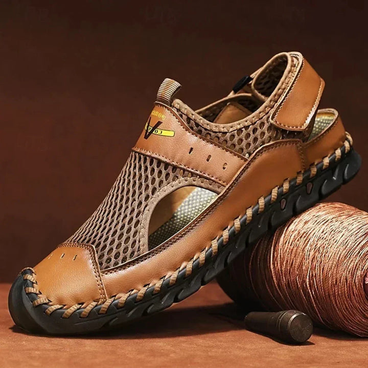 Brown men's orthopedic sports sandal with breathable mesh and arch support