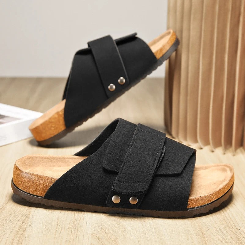 Mens wide strap comfortable walking sandals in classic black color