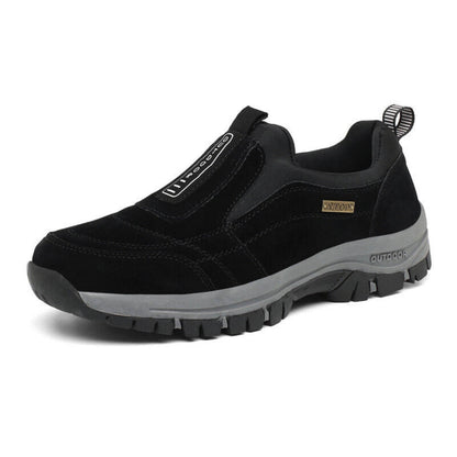 Mens orthopedic slip-on walking shoes showing supportive arch design