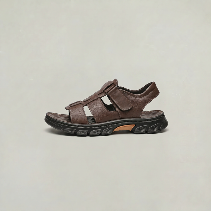 Side profile of brown men's open toe adjustable strap sandals with thick sculpted sole