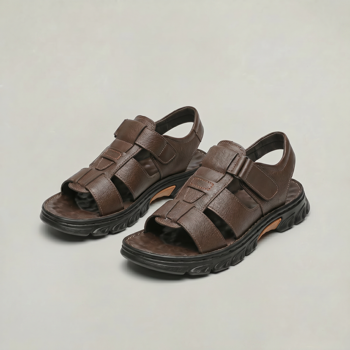 Pair of brown men's casual sandals featuring multi-strap upper and side cut-outs