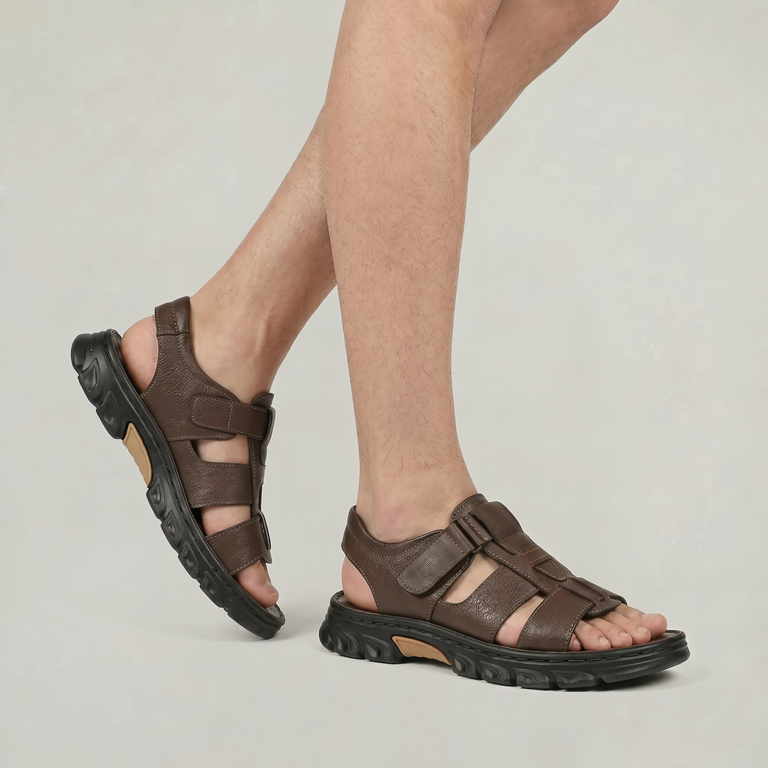 Brown men's open toe sandals with adjustable straps for summer