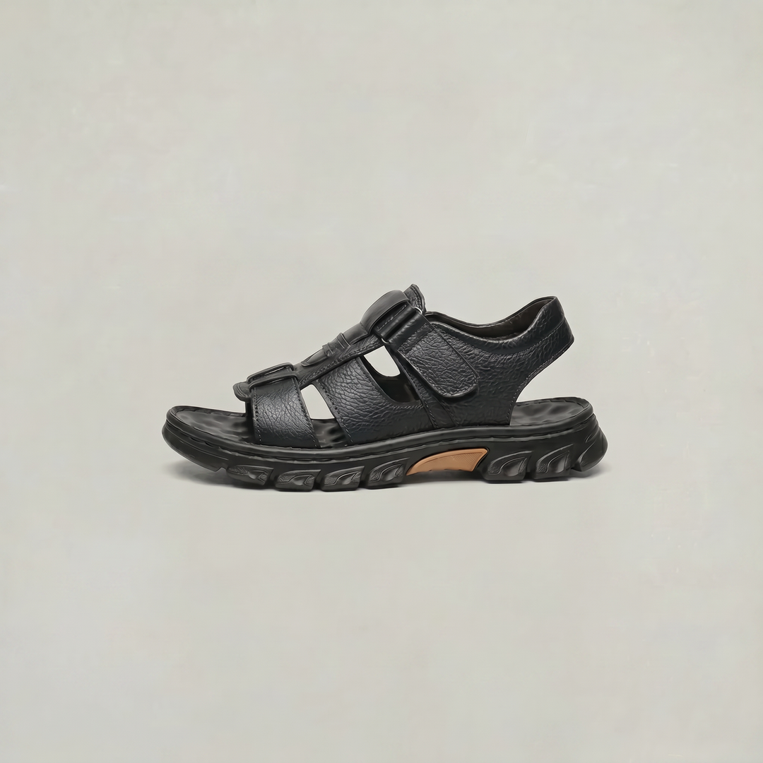 Casual men's walking shoes in black featuring secure strap closures
