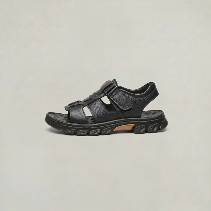 Casual men's walking shoes in black featuring secure strap closures