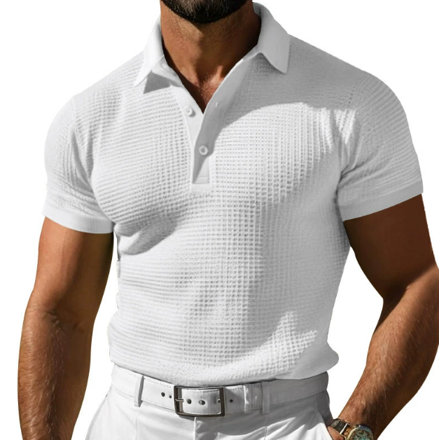 Back view of a regular fit smart casual men's polo shirt in summer fashion style.