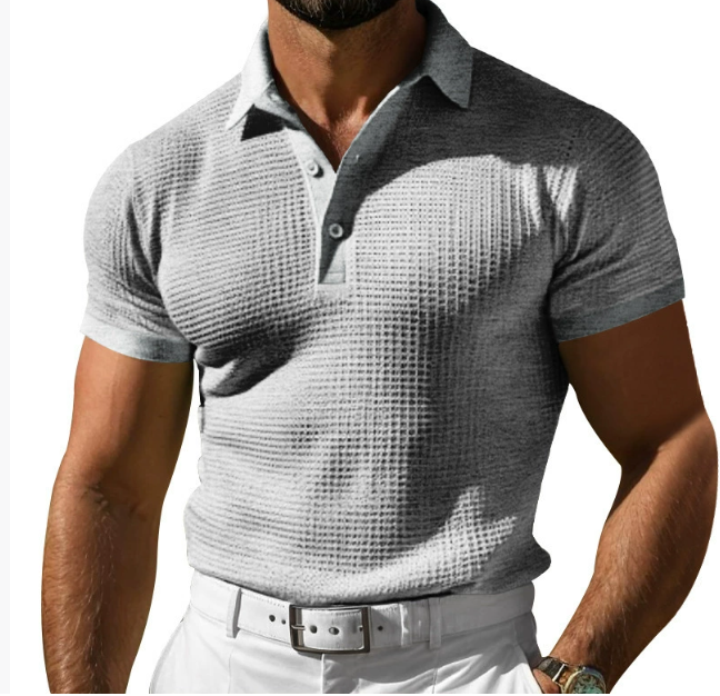 Man wearing a gray textured regular fit short sleeve polo shirt